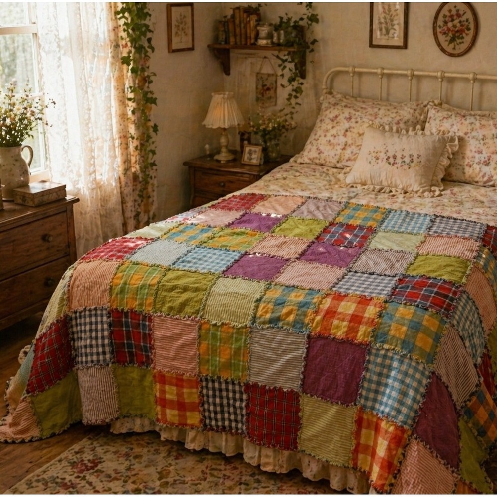 Vintage Patchwork Rag Twin Quilt Plaid Gingham Striped Colorful Throw Blanket